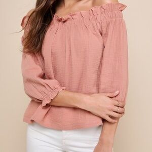 Lulus Sweet One Rusty Rose Off-the-shoulder Three-quarter Sleeve Top Pink